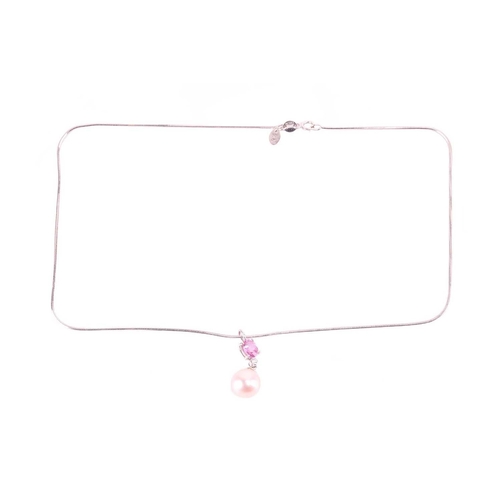 19 - A pendant on chain and a pair of matching earrings set with cultured pearl, pink sapphire and diamon... 