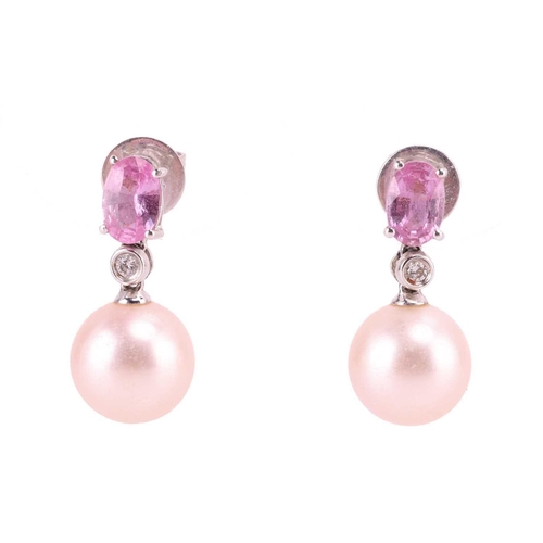 19 - A pendant on chain and a pair of matching earrings set with cultured pearl, pink sapphire and diamon... 