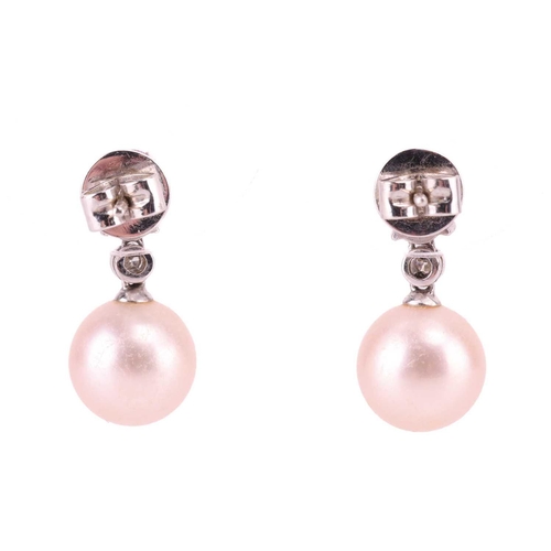 19 - A pendant on chain and a pair of matching earrings set with cultured pearl, pink sapphire and diamon... 