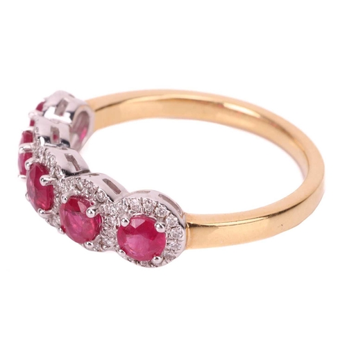 194 - A ruby and diamond cluster ring in 18ct gold, featuring five circular-cut rubies encompassed by a bo... 