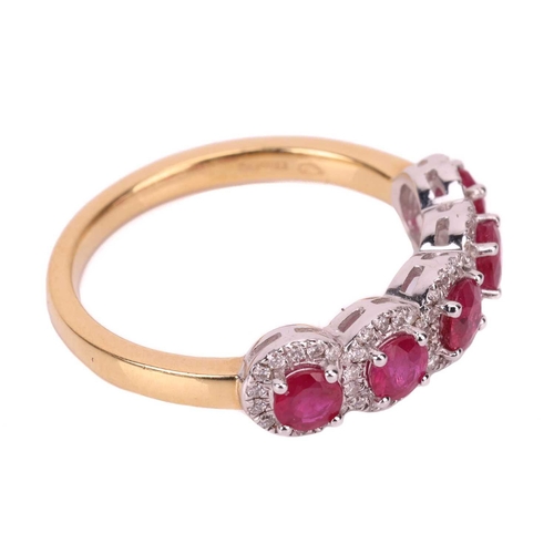 194 - A ruby and diamond cluster ring in 18ct gold, featuring five circular-cut rubies encompassed by a bo... 