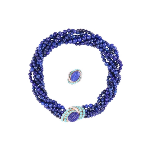 205 - Cartier - a torsade necklace and a single earring set with lapis lazuli, turquoise and diamonds, cir... 