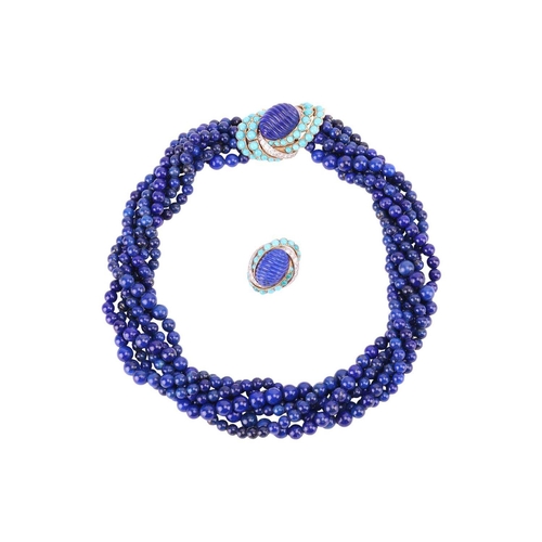 205 - Cartier - a torsade necklace and a single earring set with lapis lazuli, turquoise and diamonds, cir... 