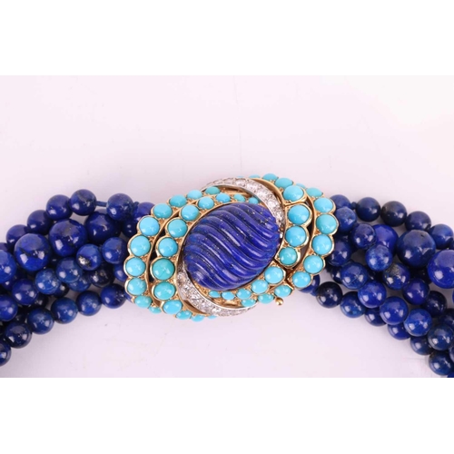 205 - Cartier - a torsade necklace and a single earring set with lapis lazuli, turquoise and diamonds, cir... 