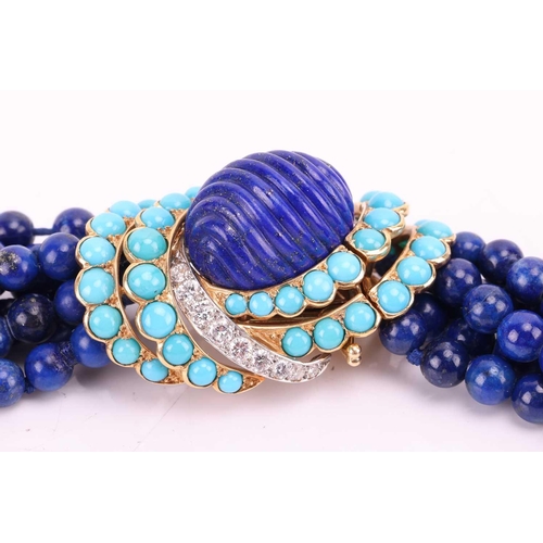 205 - Cartier - a torsade necklace and a single earring set with lapis lazuli, turquoise and diamonds, cir... 