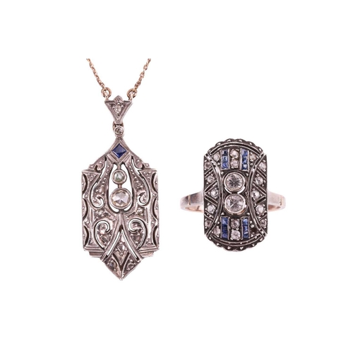 207 - An Art Deco style diamond and sapphire pendant together with a sapphire and paste panel ring; the pi... 