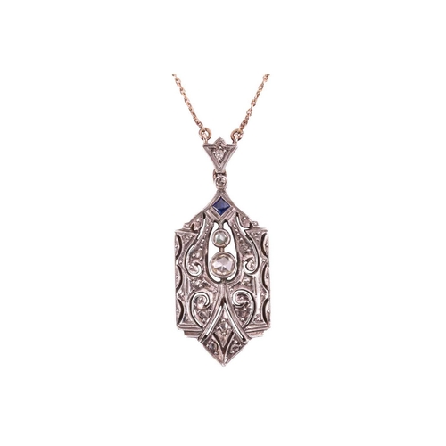 207 - An Art Deco style diamond and sapphire pendant together with a sapphire and paste panel ring; the pi... 