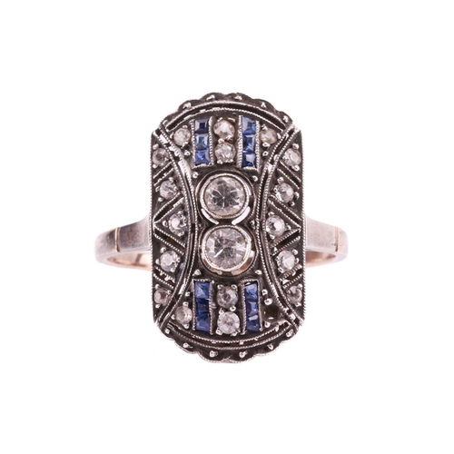 207 - An Art Deco style diamond and sapphire pendant together with a sapphire and paste panel ring; the pi... 