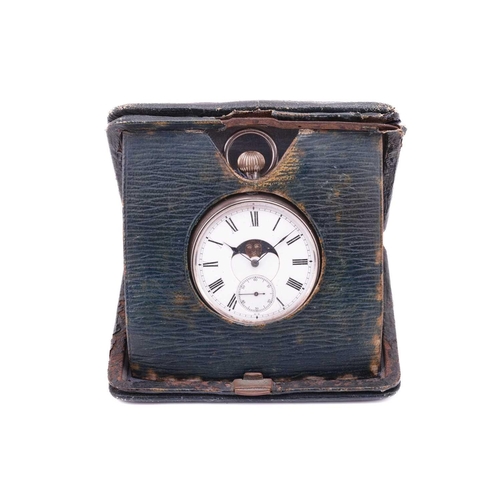 254 - A Moonphase Calender open-face pocket watch with a case stand. Featuring a keyless wound movement in... 