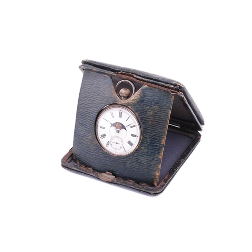 254 - A Moonphase Calender open-face pocket watch with a case stand. Featuring a keyless wound movement in... 