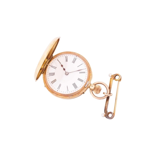 255 - A late Victorian 18ct gold half hunter fob watch, featuring a keyless wound movement in a yellow met... 