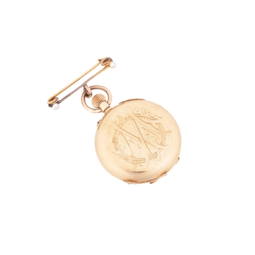 255 - A late Victorian 18ct gold half hunter fob watch, featuring a keyless wound movement in a yellow met... 