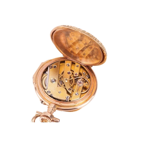 256 - An enamel and rose-cut diamond full hunter pocket with a keyless wound movement in a yellow case sta... 