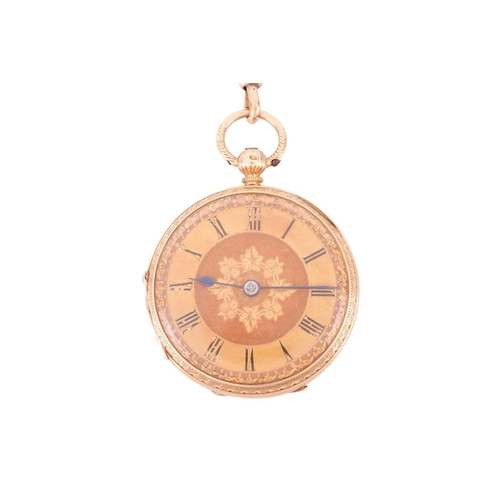 257 - An 1872 R. Scott Leeds 18ct gold open-face pocket watch and a 14ct gold long chain, featuring a key ... 