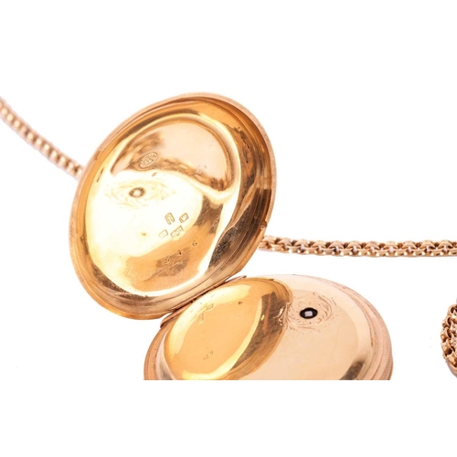 257 - An 1872 R. Scott Leeds 18ct gold open-face pocket watch and a 14ct gold long chain, featuring a key ... 