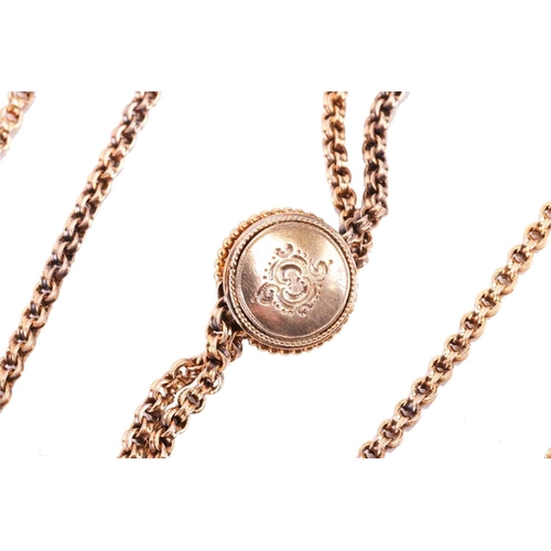 257 - An 1872 R. Scott Leeds 18ct gold open-face pocket watch and a 14ct gold long chain, featuring a key ... 