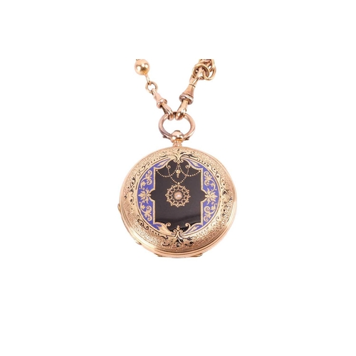 258 - An enamel full hunter pocket watch, featuring a key wound movement in a yellow metal case stamped '1... 