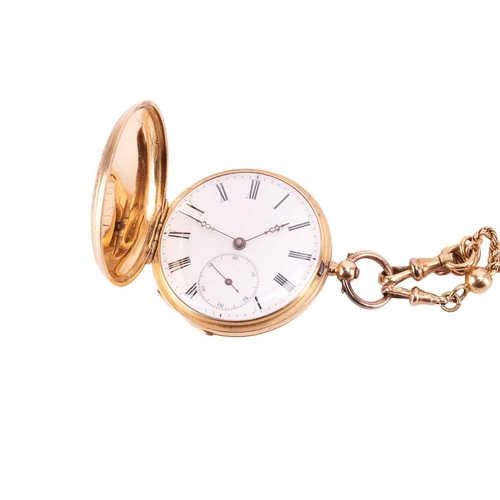 258 - An enamel full hunter pocket watch, featuring a key wound movement in a yellow metal case stamped '1... 