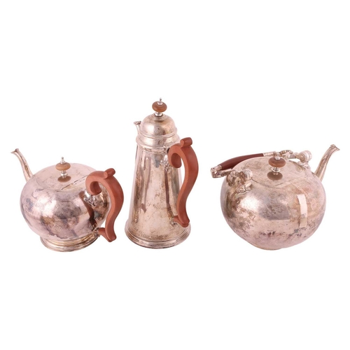 265 - Elkington & Co. A six-piece tea and coffee set including a tea kettle on the stand; the teapot and t... 