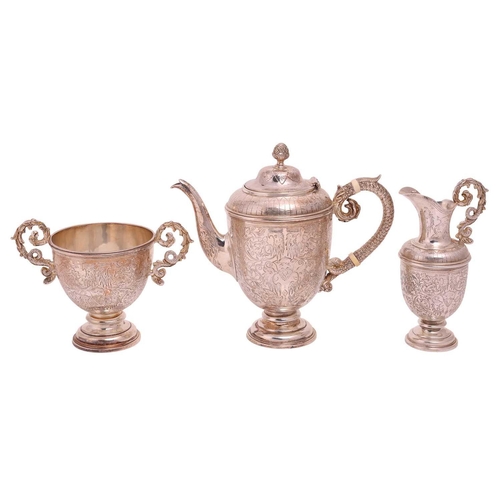 267 - A Victorian silver bachelor's coffee set, with dragon handles, London 1890, by John Aldwinckle & Tho... 