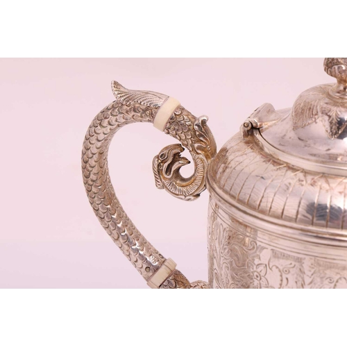 267 - A Victorian silver bachelor's coffee set, with dragon handles, London 1890, by John Aldwinckle & Tho... 