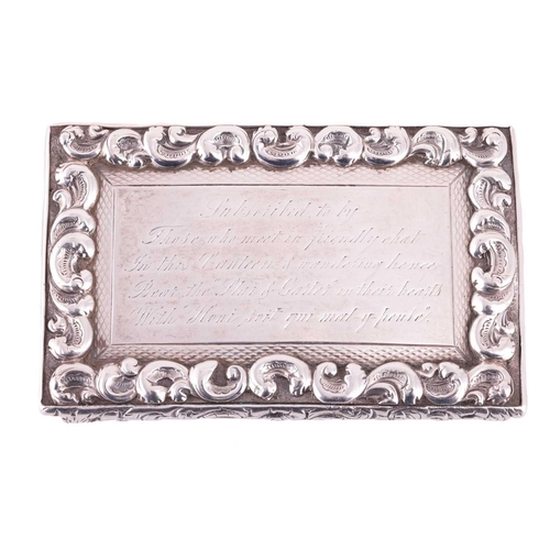 280 - A George IV silver snuff box with an inscription, by Joseph Willmore, Birmingham 1827, of rectangula... 