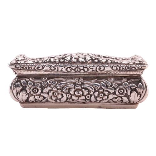 286 - A Victorian silver snuff box; rectangular, with applied cast foliate border, curved chased sides, an... 