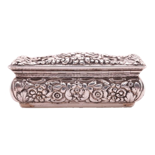 286 - A Victorian silver snuff box; rectangular, with applied cast foliate border, curved chased sides, an... 