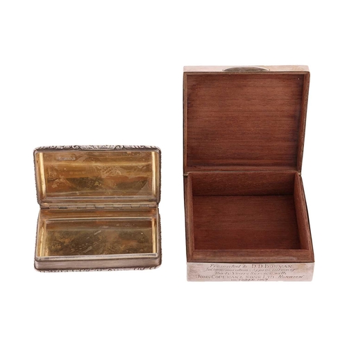 288 - A silver presentation snuff box and a square cigarette box; the snuff box by Francis Clark, Birmingh... 