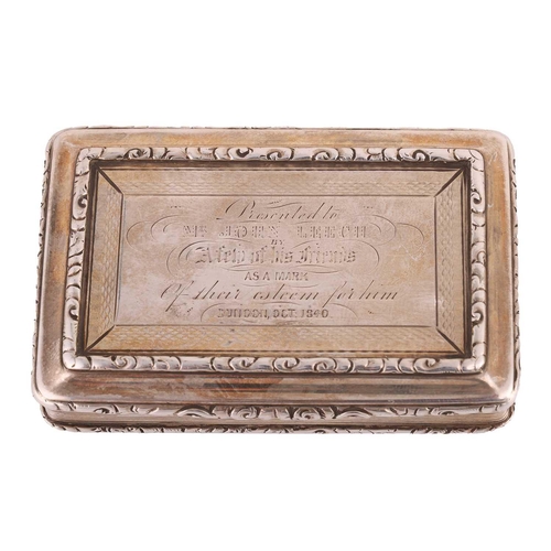 288 - A silver presentation snuff box and a square cigarette box; the snuff box by Francis Clark, Birmingh... 