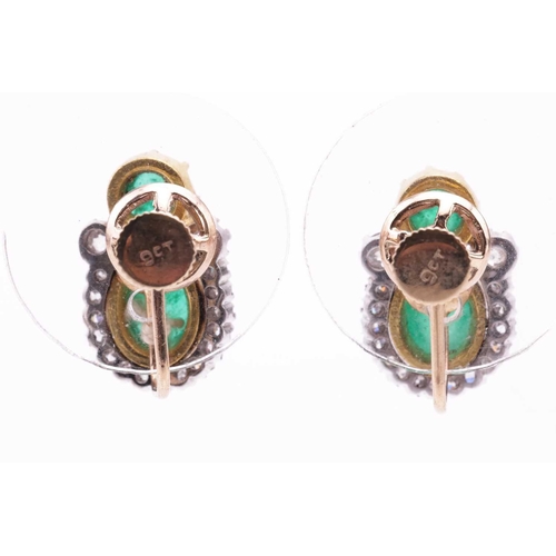 29 - A pair of emerald and diamond earrings, each designed as a cluster set with cabochon emeralds and ol... 