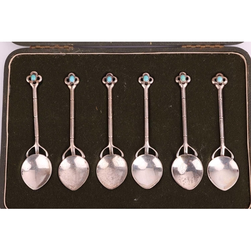 298 - An Edwardian set of six silver coffee spoons by Liberty & Co Ltd, the bamboo-style handles leading t... 