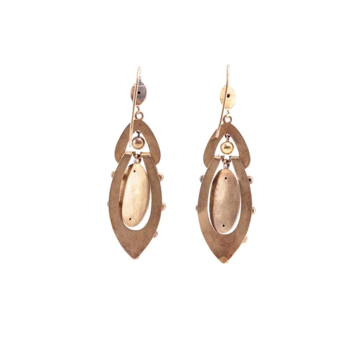 3 - A pair of Victorian drop earrings, each designed as a drop shape with a central oval domed pendant s... 