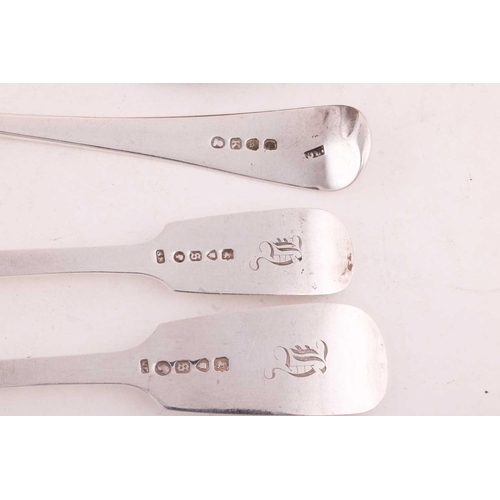 300 - A pair of George III silver tablespoons, London 1805 by Randall Chatterton, monogrammed to terminal,... 