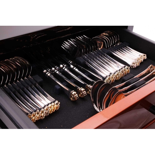 303 - A Pearwood piano black lacquered canteen chest filled with Robbe & Berking Rosenmuster 150G massive ... 