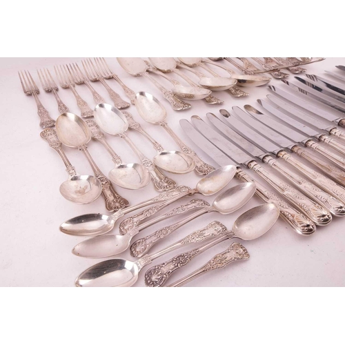 309 - A matched canteen of silver double struck Queen's pattern flatware comprising:- Six tablespoons, mon... 