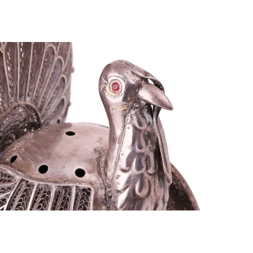 315 - A 19th-century Peruvian silver incense burner in the form of a Turkey, with filigree worked fan tail... 