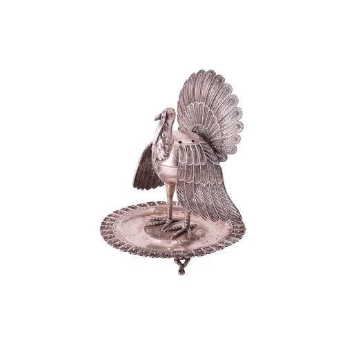 315 - A 19th-century Peruvian silver incense burner in the form of a Turkey, with filigree worked fan tail... 