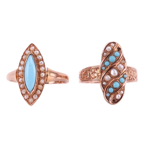 34 - Two turquoise and seed pearl panel rings, the first a navette ring, bezel-set with a turquoise caboc... 