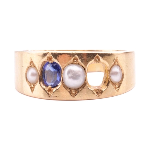 37 - A pearl and synthetic spinel ring, set with three half pearls and one synthetic spinel (loose in set... 