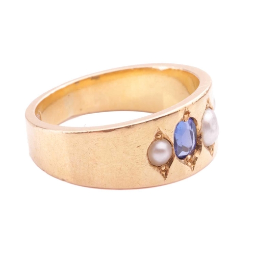 37 - A pearl and synthetic spinel ring, set with three half pearls and one synthetic spinel (loose in set... 