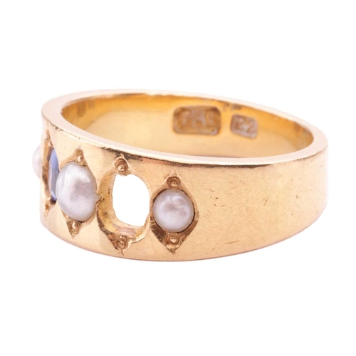 37 - A pearl and synthetic spinel ring, set with three half pearls and one synthetic spinel (loose in set... 