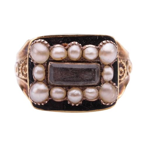 4 - An early Victorian mourning ring set with split pearls and enamel, the curved rectangular panel cent... 