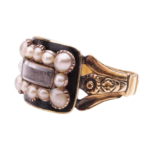 4 - An early Victorian mourning ring set with split pearls and enamel, the curved rectangular panel cent... 