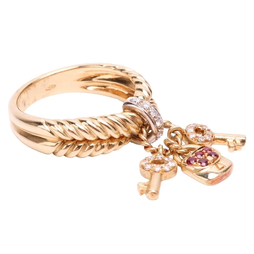 47 - A gem-set key and lock charm ring, of crossover rope design, with a diamond-set loop in the centre, ... 