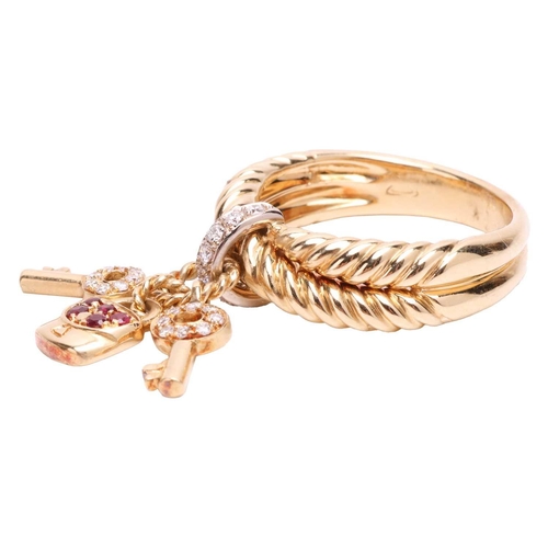 47 - A gem-set key and lock charm ring, of crossover rope design, with a diamond-set loop in the centre, ... 