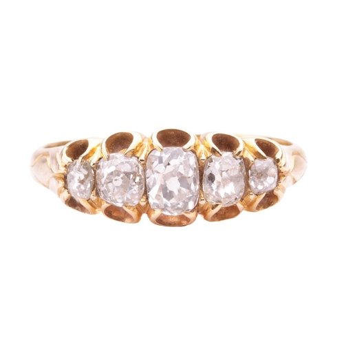 5 - An old cut diamond five stone ring, set with a graduated row of cushion shape old cut diamonds with ... 