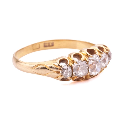 5 - An old cut diamond five stone ring, set with a graduated row of cushion shape old cut diamonds with ... 