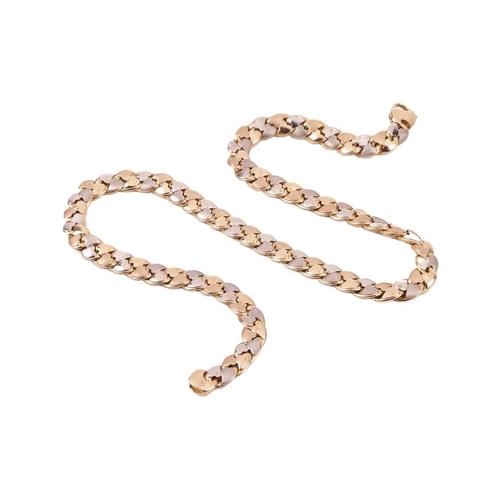 51 - A fancy curb link necklace in 18ct bi-coloured gold, alternating with gold and white gold links with... 