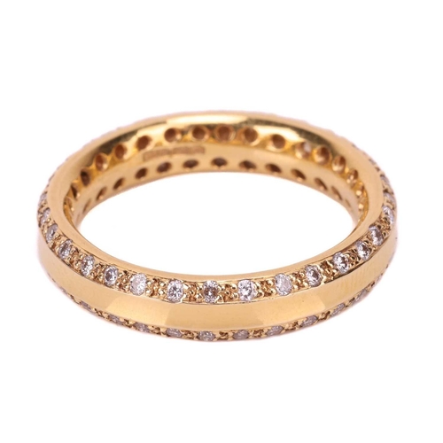 54 - A diamond-set band, the 4mm yellow gold band featuring chamfered edges set with round brilliant diam... 